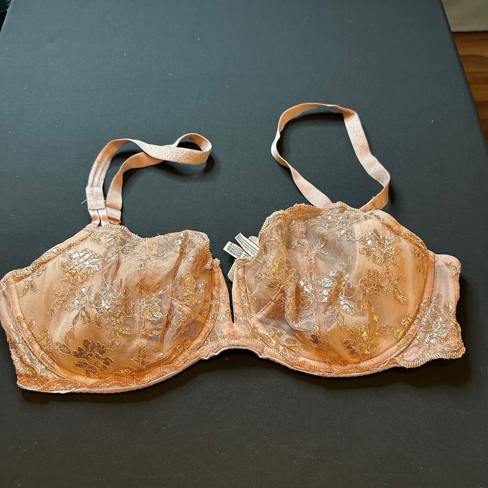 Victoria's Secret Gold Floral Embroidered Mesh Push-Up Bra 38DDD Pink Gold